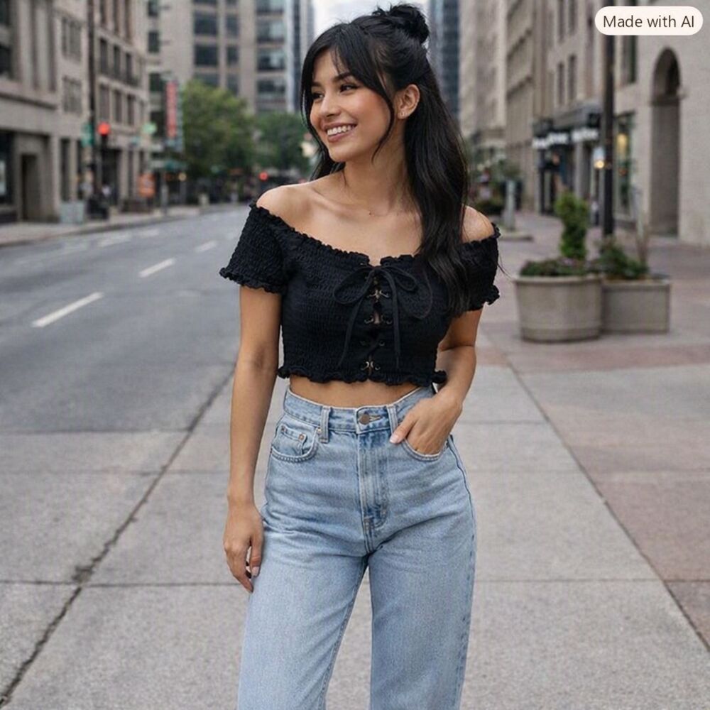 Love Tree Off‑Shoulder Smocked Lace‑Up Crop Top Black Size Small